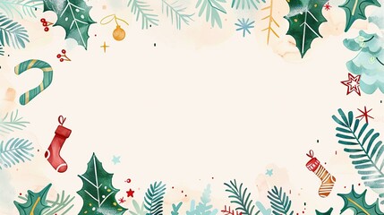 Elegant Christmas Frame Background: Green Tree Branches, Holly, Wreaths, Snowflakes & More in Pastel Watercolor for a Minimalist Holiday Design