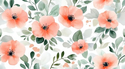 Watercolor Peach Floral Pattern Delicate Blooms and Greenery, Watercolor, Floral, Seamless, Pattern