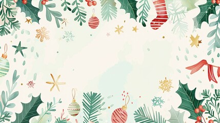 Elegant Christmas Frame Background: Green Tree Branches, Holly, Wreaths, Snowflakes & More in Pastel Watercolor for a Minimalist Holiday Design