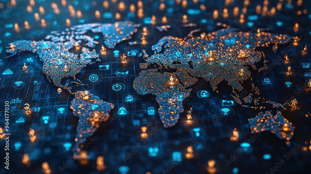 Poster digital world map with glowing icons representing connectivity.