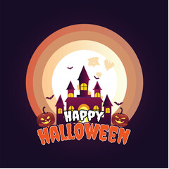 Happy Halloween text banner. realistic pumpkins and other Halloween symbols. Vector illustration, Background.