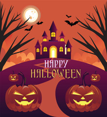 Happy Halloween text banner. realistic pumpkins and other Halloween symbols. Vector illustration, Background.