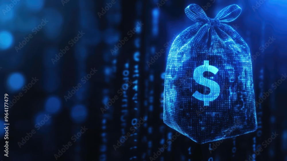 Poster blue digital moneybag with a dollar icon and binary code, symbolizing ai financial tools for portfol