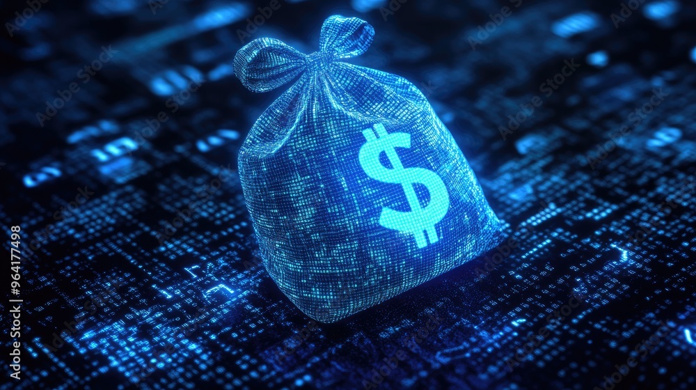Poster blue digital moneybag with a dollar icon and binary code, symbolizing ai financial tools for portfol