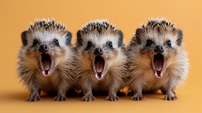 Three surprised hedgehogs with open mouths on a bright orange background, perfect for themes of shock, surprise, and breaking news