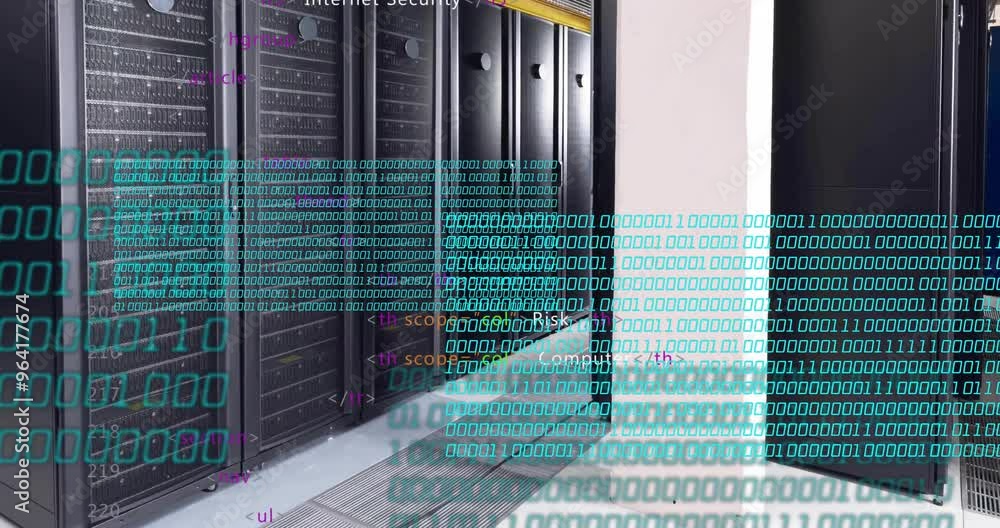Poster binary code and html tags over server racks in data center, highlighting internet security