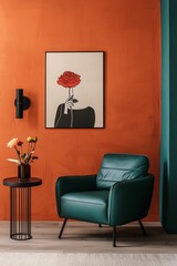 Stylish Minimalist Living Room with Vibrant Orange Wall and Artistic Decor