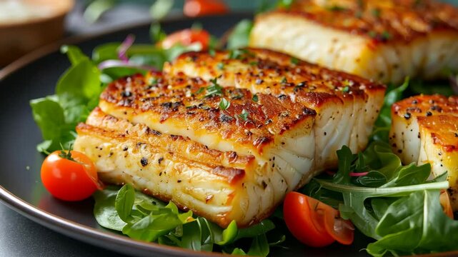 Deliciously fried cod fillet served on a bed of fresh greens and cherry tomatoes