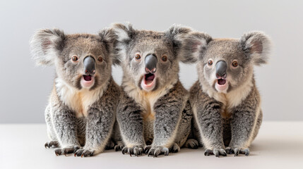 Fototapeta premium Three surprised koalas with open mouths on a plain white background, expressing shock and confusion, symbolizing unexpected problems and worry