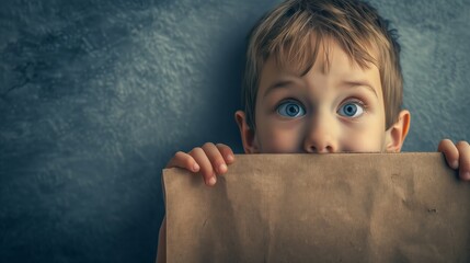 Curious Child Peeking Over Paper Bag with Wide Blue Eyes &acirc;&euro;&ldquo; Exploration, Adventure, and Discovery Concept Photograph