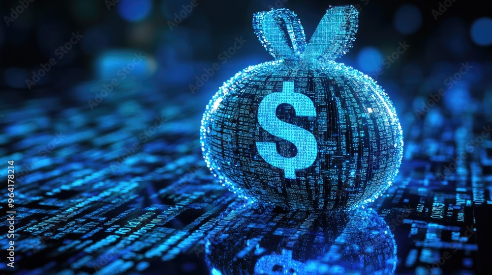 Poster blue digital moneybag with a dollar sign and binary code, representing ai-driven financial planning,
