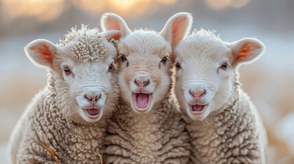 Obraz premium Three adorable lambs with open mouths, standing close together, expressing joy and surprise, showcasing innocence and playful energy in nature