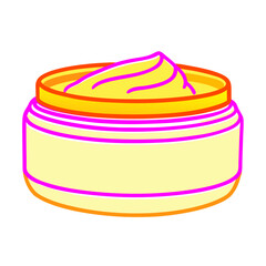 a simple illustration of an open jar containing cream or lotion. The jar is depicted in bright colors with a yellow body and orange and pink outlines.