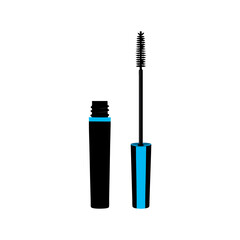 a black mascara tube with a blue accent. The tube is open, revealing the mascara wand with a brush at the end. The wand is standing upright next to the tube, which is also upright