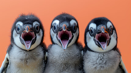 Three young penguins with open beaks and water droplets on their feathers, close-up on a bright orange background, showing playful and curious expressions