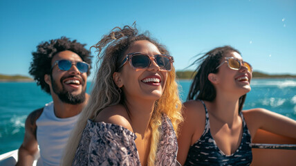 Obraz premium Three people are on a boat, smiling and laughing