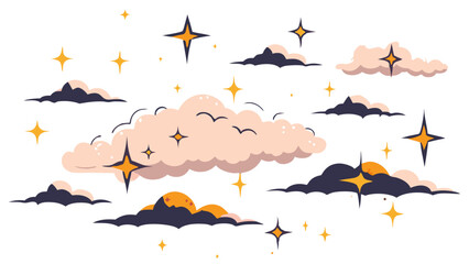  an illustration featuring several stylized clouds and stars against a white background. The clouds are depicted in shades of pink and dark blue, with some having a gradient effect.