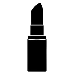 a simple black silhouette of a lipstick. It shows the classic shape of a lipstick with the cap removed, revealing the angled tip of the lipstick itself. The design is minimalistic and does not include