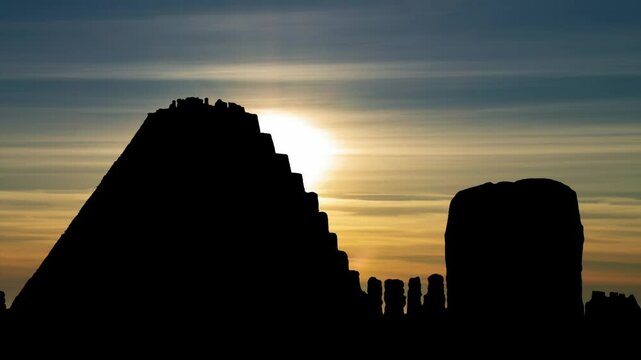Mayan Piramid of Kukulkan and Round Temple in Mayapan, Time Lapse at Sunset with Colorful Clouds, Mexico