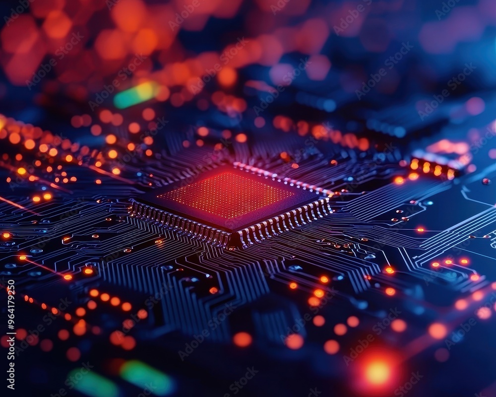 Leinwandbilder Close-up of a glowing computer microchip on a motherboard, emphasizing the intricate patterns of the circuitry.