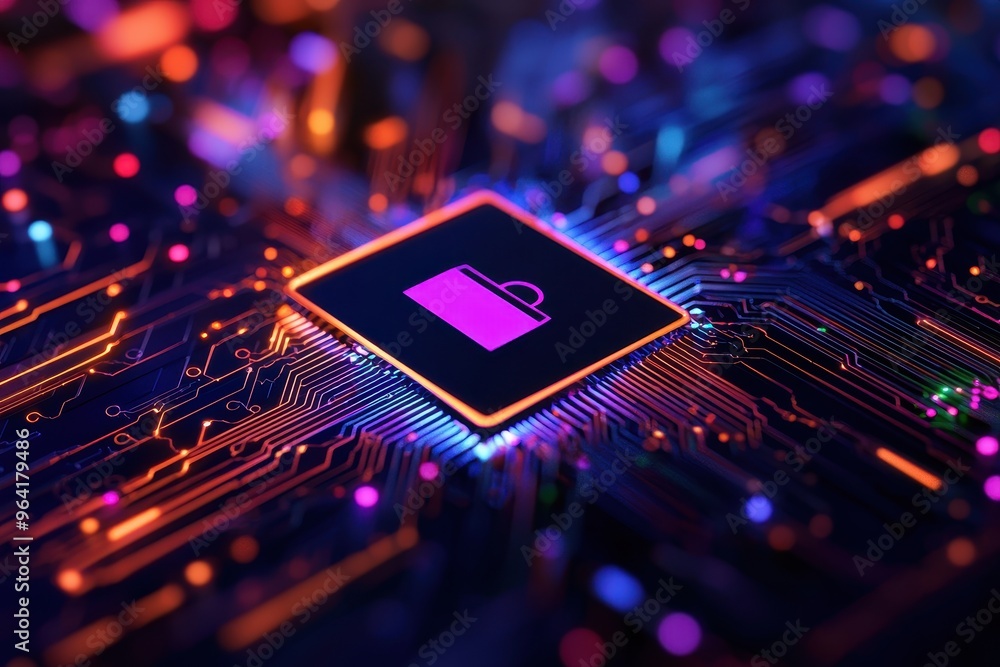 Aufkleber colorful close-up image of a circuit board with a cybersecurity lock icon, symbolizing data protecti