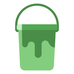  simple graphic of a green paint bucket. The bucket is depicted with a handle and appears to be filled with paint, as there is a darker green paint-like substance dripping over the edge of the bucket.