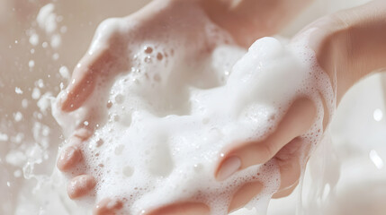 Fototapeta premium Gentle white foam forming in the hands, symbolizing the sensitivity and care