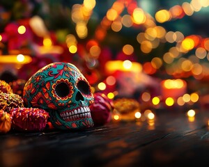 Colorful Day of the Dead sugar skull with bright flowers and lights, capturing the festive atmosphere and cultural celebration.