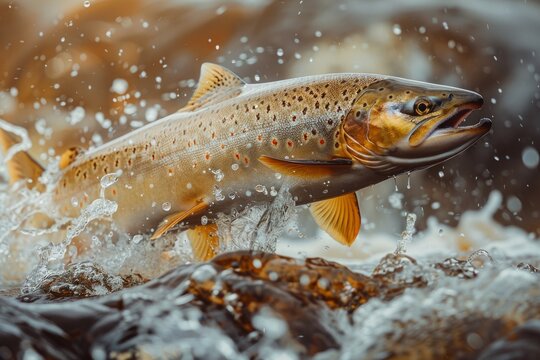A brown trout leaps out of a river, splashing water, showcasing its vibrant pattern and natural habitat.