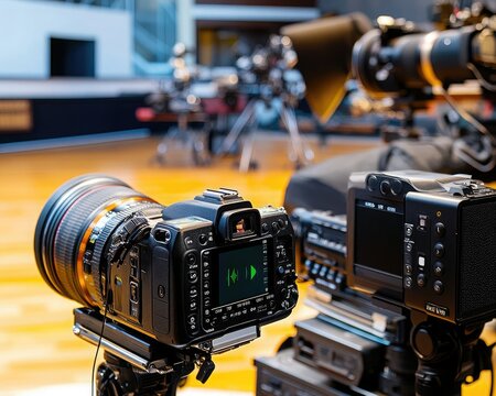 Close-up of professional cameras ready for shooting in a studio setting, showcasing photography equipment and technology.