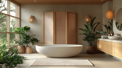 Serene Light Bathroom with Raw-Style Folding Screen, Bathtub, and Lush Houseplants