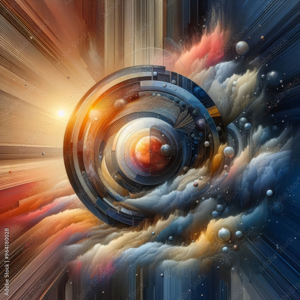 Poster an abstract cosmic art piece with a circular futuristic design set against a backdrop of colorful sw