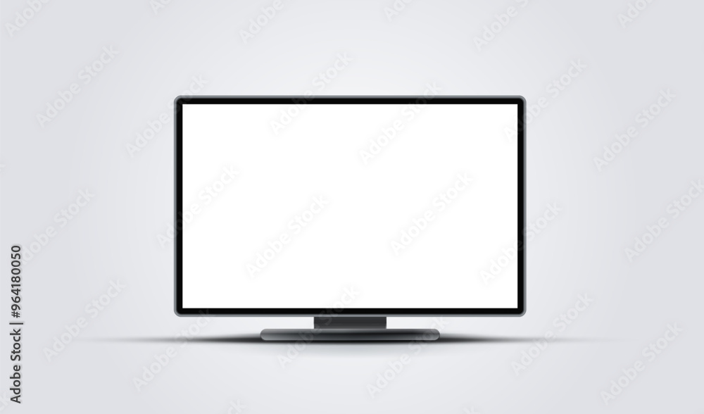 Poster realistic 3d smart led tv hdtv standing on desk. computer monitor mockup front view with white empty