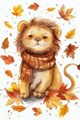 Watercolor Cute Autumn Lion Clipart Sublimation