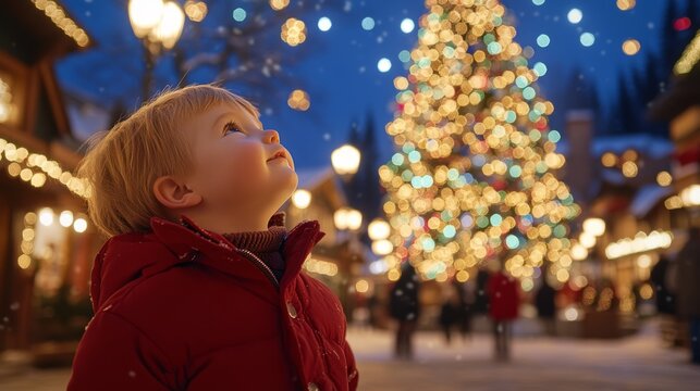 Boy gazes up at a majestic christmas tree in a snowy city center, surrounded by twinkling lights, embodying holiday wonder and joy