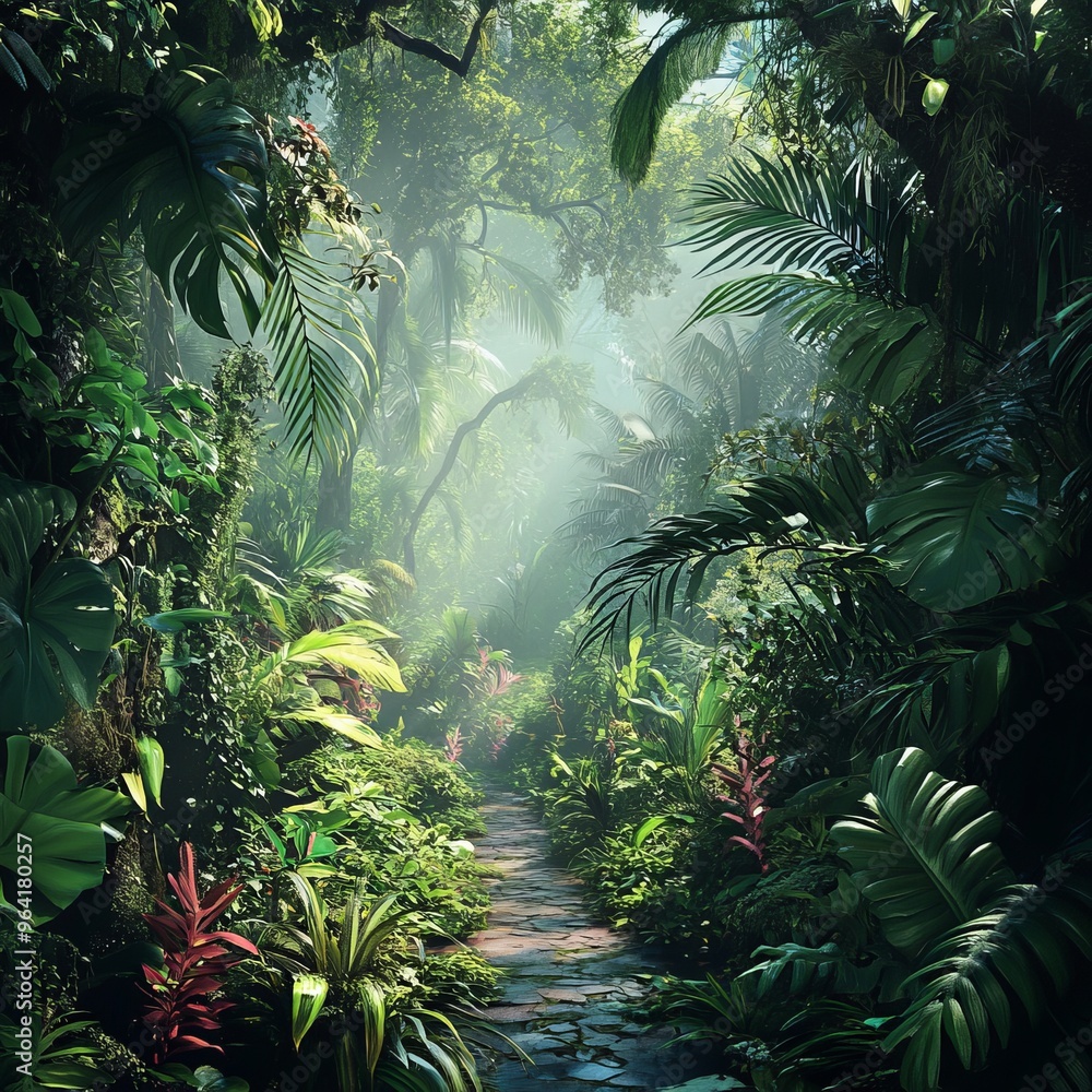 Poster Lush green jungle path with morning mist and light.