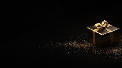Elegant gift box with a golden ribbon on a black background, creating a luxurious and festive atmosphere.