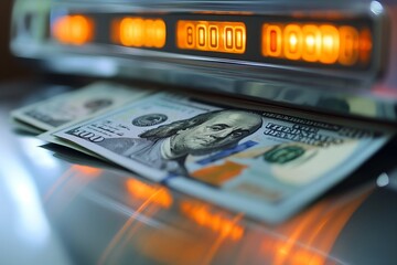 Close-up of a 100 dollar bill being counted by a machine.