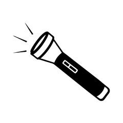  a simple black and white icon of a flashlight. The flashlight is depicted in a tilted position with light rays emanating from its front, indicating that it is turned on. 