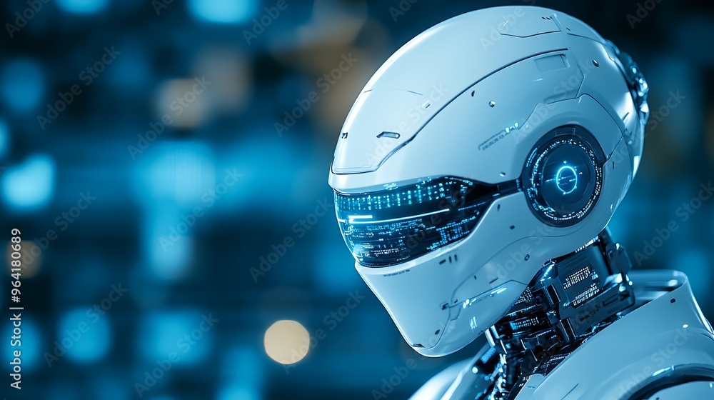 Poster futuristic robot head with glowing lights and digital display