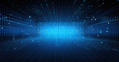 Obraz premium A futuristic digital landscape featuring glowing blue grids and dots, creating a sense of depth and movement.