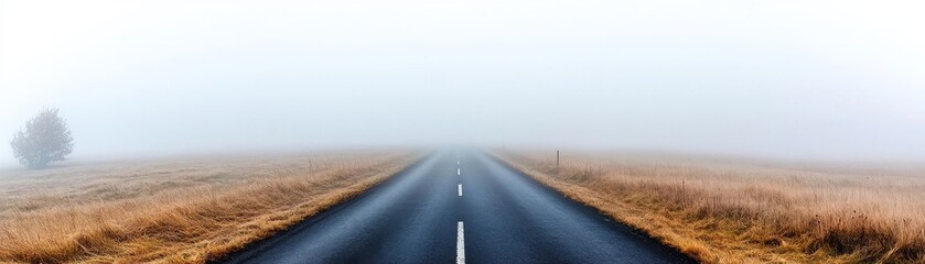 Fototapeta premium Empty road disappearing into the horizon with morning fog and autumn landscape, symbolizing journey, solitude, and mystery.