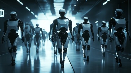 Futuristic Robot Army Marching in Urban Environment at scifi movie cinematic shot