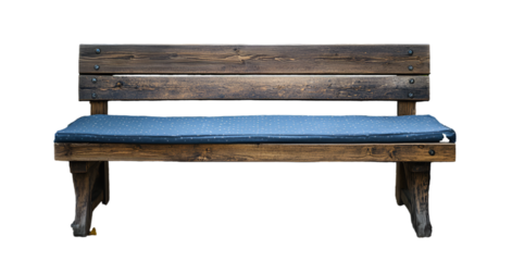 a wooden bench with blue cushion


