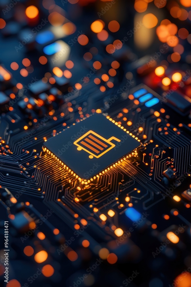 Leinwandbilder high-tech close-up of a microchip on a circuit board, illuminated with vibrant lights, showcasing ad
