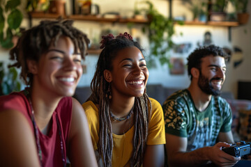 Fototapeta premium Three people are sitting together in a living room, smiling and laughing