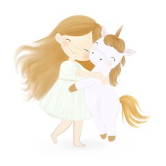 Cute girl hugs a unicorn, Cute girl hugs a unicorn, Greeting Card with Cute Cartoon fairy tale Princess and Unicorn with White Background
