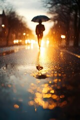 Obraz premium Silhouette of a person with an umbrella walking on a wet street illuminated by city lights at dusk, reflecting on the pavement.