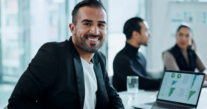 Face, business and computer in office meeting with website research, proposal graphic and planning at job. Man, data analyst and startup agency for advice, support and growth or revenue on laptop