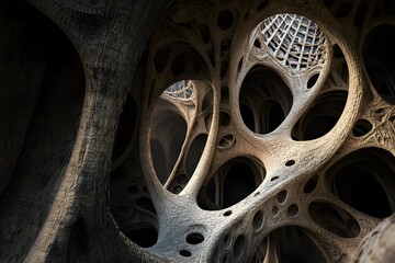 Abstract Cave Interior with Interconnected Arches and Openings